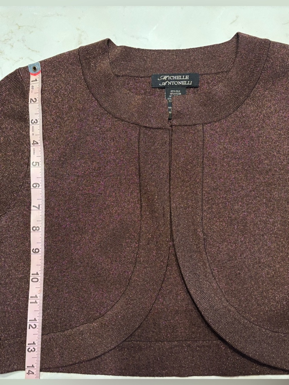 Michelle Antonelli Silk Blend Metallic Bolero Shrug Brown Gold Shimmer Small - Picture 12 of 14
